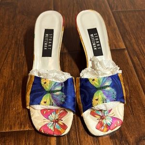 Vintage Stuart Weitzman butterfly print, silk kitten heels.